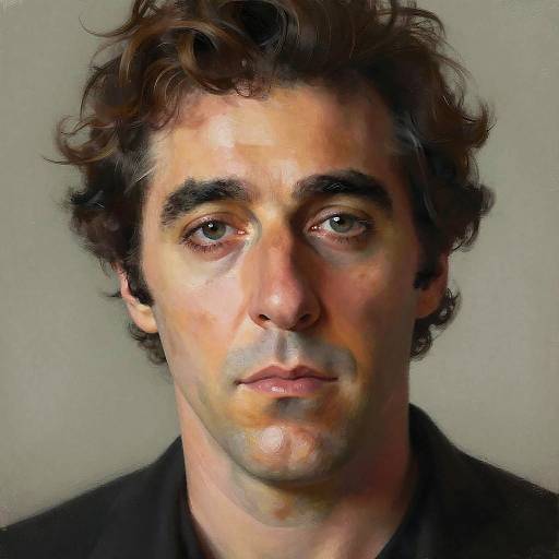Digital portrait of a man with curly brown hair, fair skin, brown eyes, and a neutral expression, wearing a black shirt.