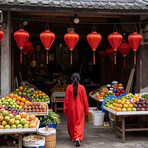 Photograph of a woman in a red traditional robe, facing away, walking through a vibrant market stall with red lanterns, colorful fruits, and baskets