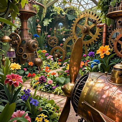 Vibrant steampunk garden scene with brass gears, colorful flowers, lush greenery, and industrial machinery, illuminated by natural light.