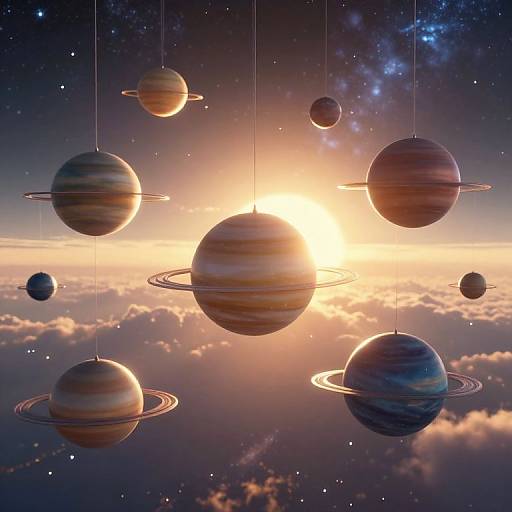 Digital art of hanging planets with rings, set against a glowing sunset and starry sky, above a layer of clouds.