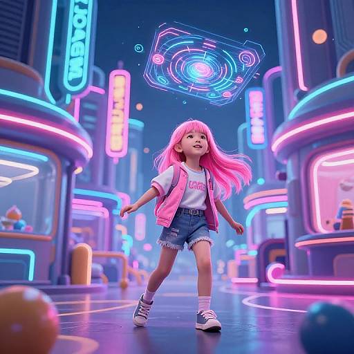 Digital art of a pink-haired girl in a neon-lit, futuristic city, wearing a white shirt, denim shorts, and pink jacket, chasing a