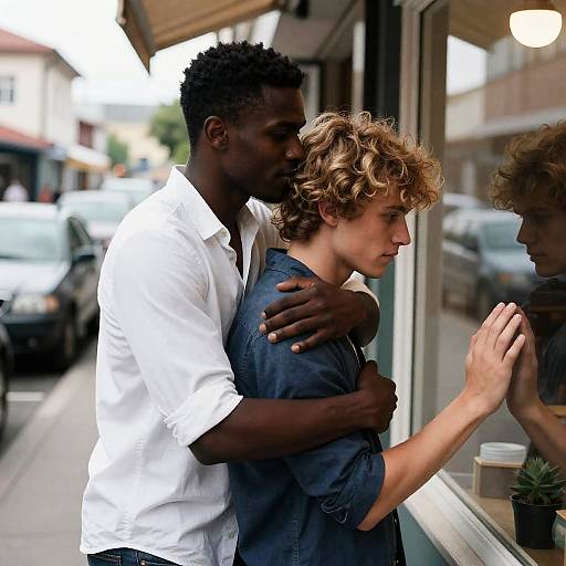 Emotional Hug in a Streetside Shop