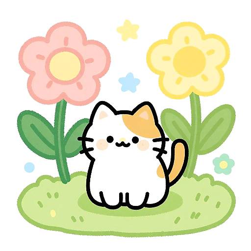 Cute digital drawing of a white and orange cat with a black outline, standing on green grass with pink and yellow flowers, and a bright yellow sun