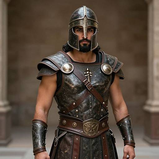 Photorealistic CGI of a muscular, bearded man in ancient Roman-style armor with a metal helmet, dark chest plate, and leather straps, standing