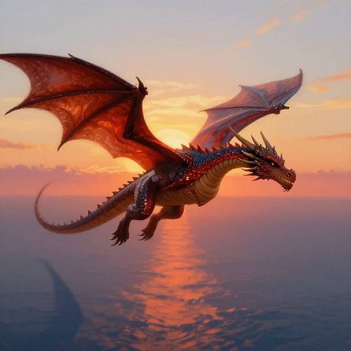 Digital artwork of a majestic red dragon with large wings soaring over a calm ocean at sunset, reflecting vibrant orange and pink hues.