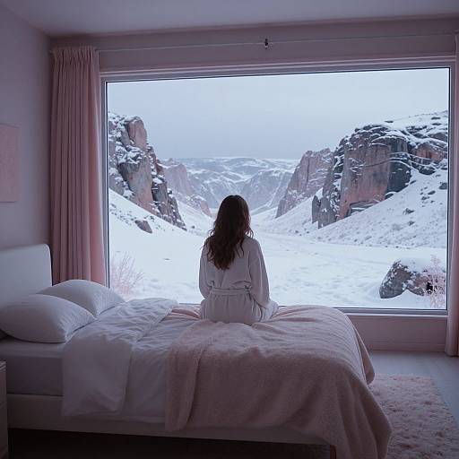 Photograph of a woman with long brown hair, sitting on a bed, gazing at a snowy mountain landscape through a large window. She wears a