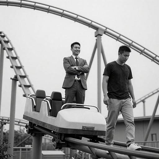 Two Men on Roller Coaster Track Black and White