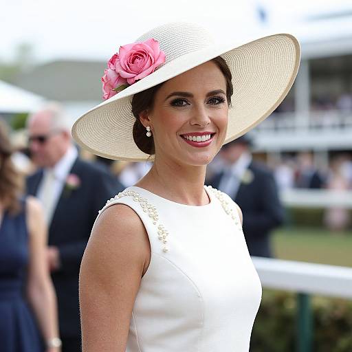 Photograph of a smiling woman in a white dress and wide-brimmed hat with pink rose, at an outdoor event. Blurred background includes people