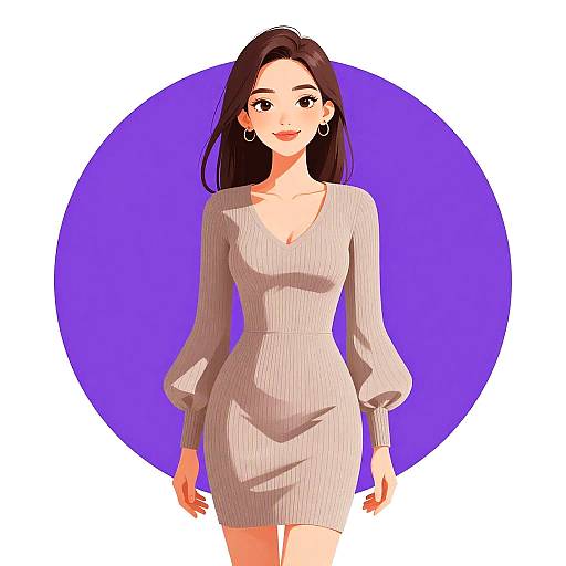 Digital anime-style illustration of a smiling woman with long black hair, wearing a form-fitting beige dress with puffed sleeves, against a purple circular background