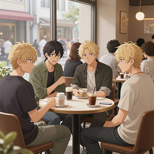 Four anime-style young men with varying hair colors and casual outfits sit at a café table, sipping drinks and chatting. Bright, sunlit street outside