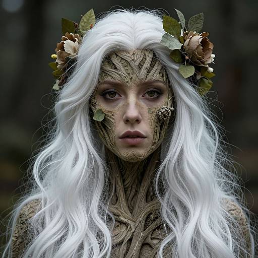 Digital artwork of a pale-skinned woman with long white hair, gold leaf tattoos, and a floral crown, staring intensely forward.