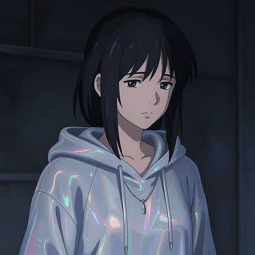 Anime-style digital drawing of a sad, young woman with black hair, wearing a shiny, iridescent blue hoodie, dimly lit background.