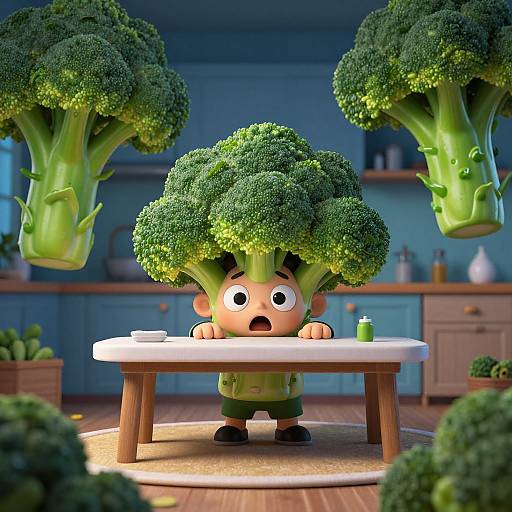 CGI cartoon: Wide-eyed, green-haired child with broccoli head, sitting at table, surrounded by floating broccoli, in brightly lit kitchen.