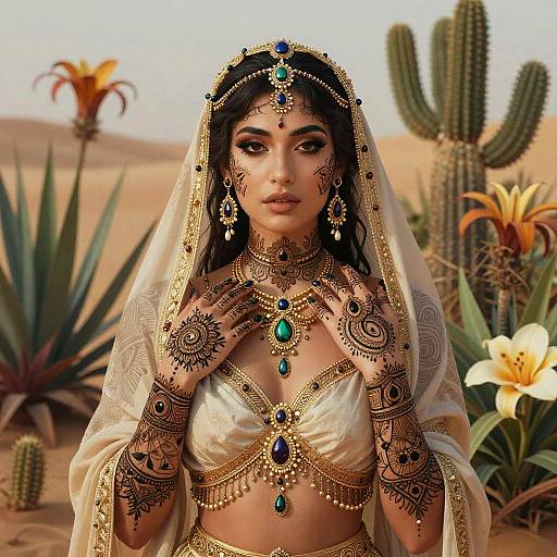 Elegant Desert Goddess with Henna Tattoos and Jewel-Encrusted Attire