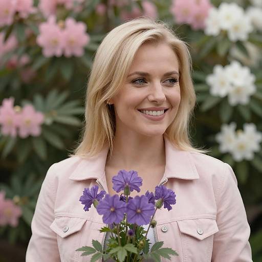 Smiling Blonde Woman Holding Purple Flowers