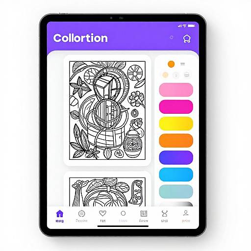 Photograph of a smartphone screen displaying a black-and-white digital drawing with colorful palette on the right, labeled 
