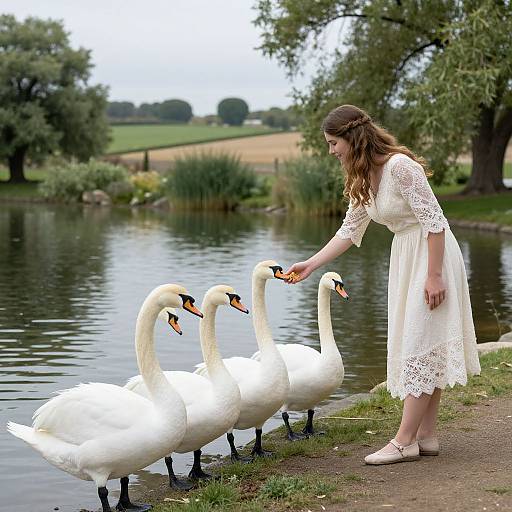 Woman Feeding Swans by Tranquil Pond