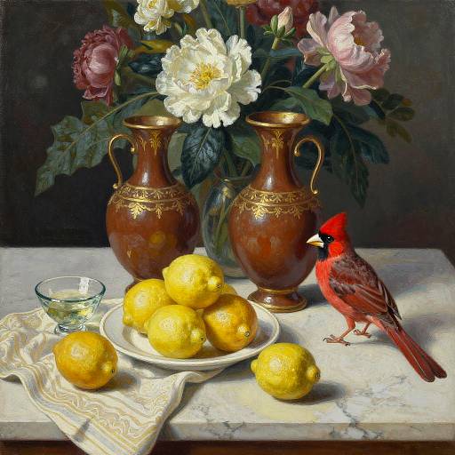 Encaustic Still Life with Scarlet Tanager