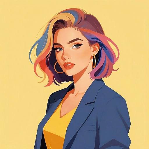 Digital illustration of a stylish woman with multicolored hair, wearing a blue blazer, yellow top, and large hoop earrings, against a yellow background