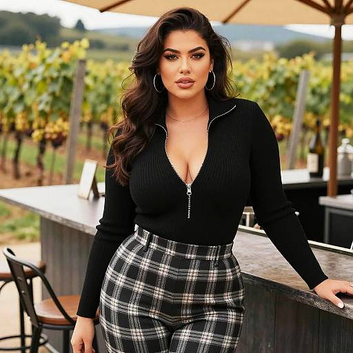 Photograph of a curvy woman with long, wavy dark hair, wearing a low-cut black zip-up top and black-and-white plaid pants