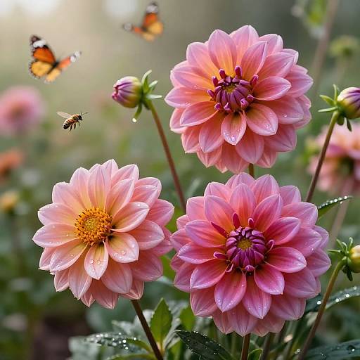 Photograph of vibrant pink dahlia flowers with dewdrops, surrounded by two orange and black butterflies, a bee, and a blurred green garden background