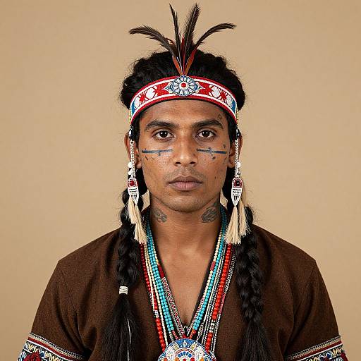 Photograph of a Native American man with dark skin, black braids, red and white headband, face paint, and traditional brown shirt. Be