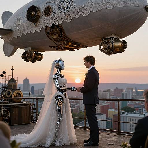 Photograph of a robotic bride in a lace wedding dress and a groom in a suit, exchanging vows on a rooftop at sunset with a steampunk