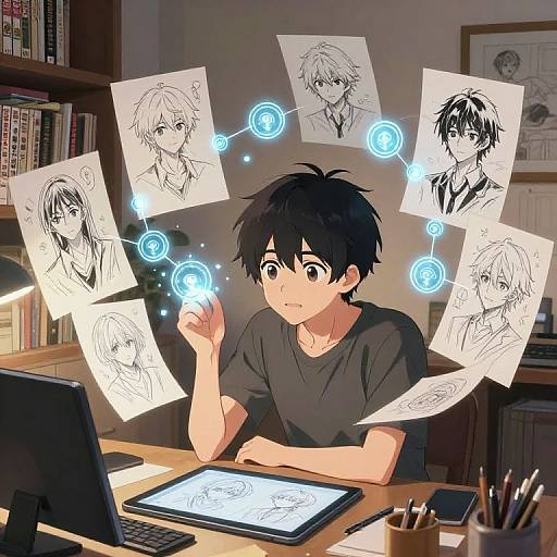 Anime-style digital drawing of a black-haired boy at a desk, surrounded by floating blue holograms of his own sketches.