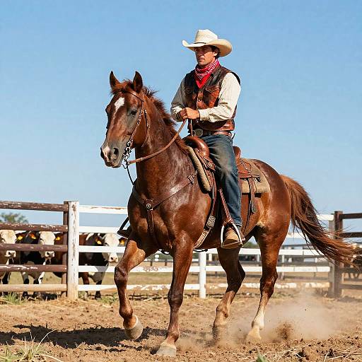 Photograph of a cowboy in a white hat, red bandana, and brown vest riding a brown horse in a sunlit, fenced rural area.