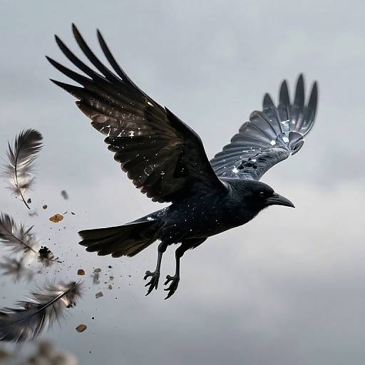 Photograph of a dark silhouette raven with outstretched wings, mid-flight, surrounded by falling feathers and debris against a bright, cloudy sky.