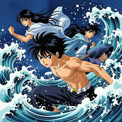 Black Anime Characters with Ocean Waves