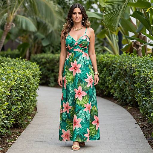 Photograph of a woman with wavy brown hair in a green, floral sundress with pink hibiscus flowers, walking on a paved path
