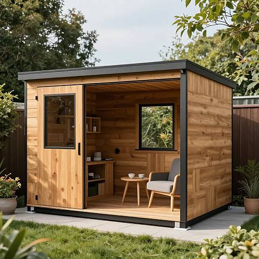 Photorealistic CGI of a modern wooden garden shed with black trim, open door, small chair, table, and potted plants in a sunny backyard