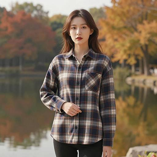 Young woman in plaid shirt by autumn lake