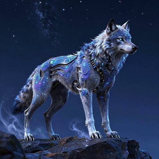 Majestic Cybernetic Wolf Under Starry Sky