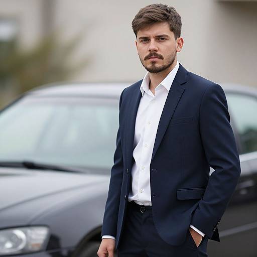 Photograph of a handsome, bearded man with short brown hair, wearing a dark navy suit and white shirt, standing in front of a blurred black