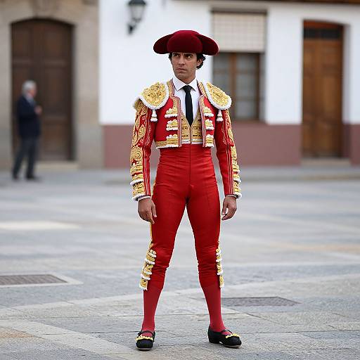 Photograph of a young male matador in bright red suit with gold embroidery, black tie, and maroon hat, standing confidently in a cobble