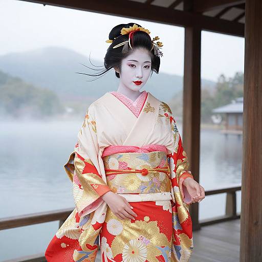Photograph of a young Asian woman in an ornate red and gold kimono, standing by a misty lakeside, with traditional wooden architecture in