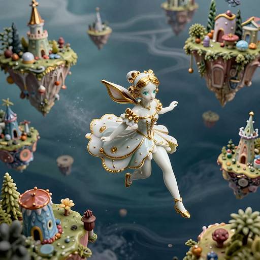 Digital artwork of a white, gold-accented fairy with large ears, floating amidst whimsical floating islands with colorful, detailed buildings.