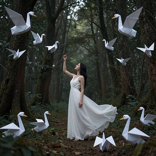 Photograph of a woman in a flowing white dress, surrounded by white paper cranes, standing in a dark, dense forest.