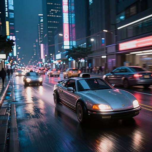 Photograph of a vibrant, rainy city street at night, featuring a silver sports car with headlights on, surrounded by neon-lit buildings and bustling traffic
