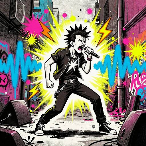 Anime-style digital drawing of a spiky-haired singer in a black outfit, mid-performance, surrounded by vibrant yellow and blue explosions in a graffiti-covered alley