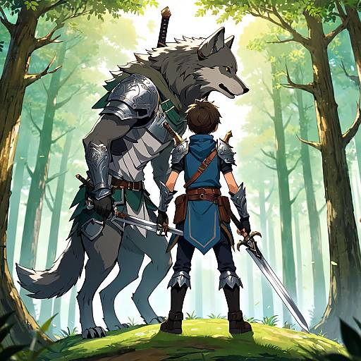 Warrior and Armored Wolf in Forest