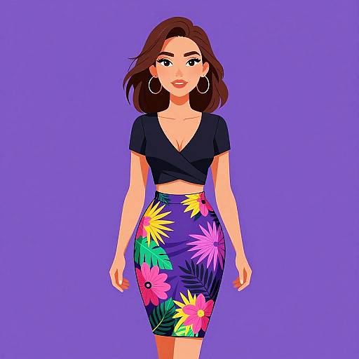 Chic Woman in Tropical Print Skirt