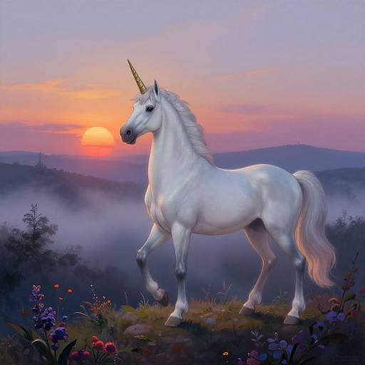 Digital painting of a majestic white unicorn with a golden horn, standing in a misty meadow at sunset, surrounded by colorful flowers and soft, purple