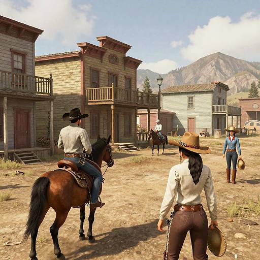 Photorealistic CGI of a Western town: two cowboys on horses, one woman in white shirt and brown pants, facing another cowboy in blue,