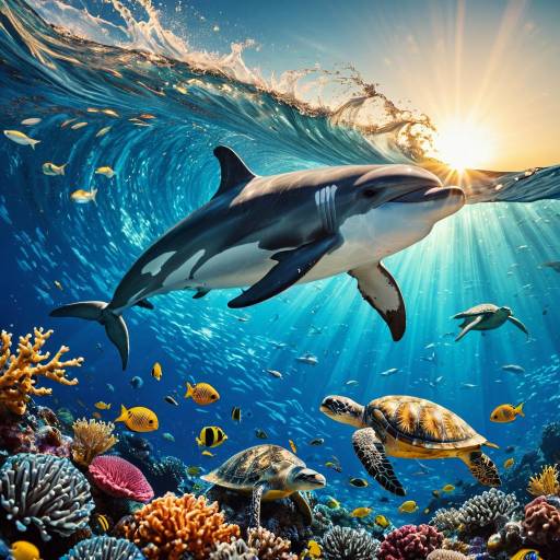 Underwater Dolphin and Sea Turtles in Coral Reef