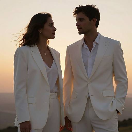 Silhouetted photograph of a couple in white suits against a sunset background, both looking at each other with gentle expressions.