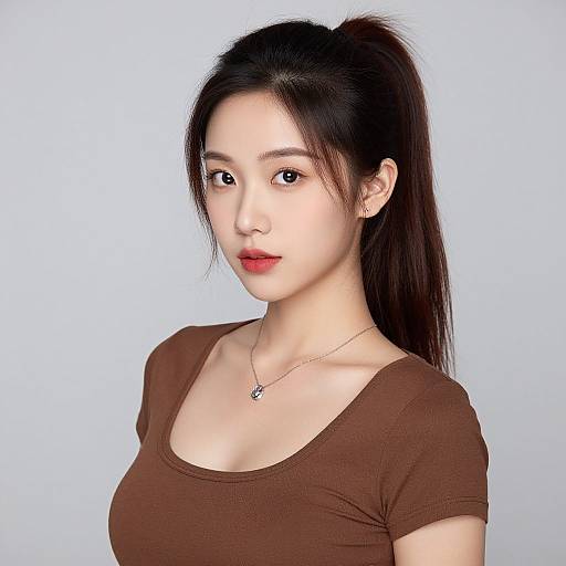 Photograph of an Asian woman with fair skin, long dark hair in a high ponytail, wearing a brown t-shirt and silver necklace, against a