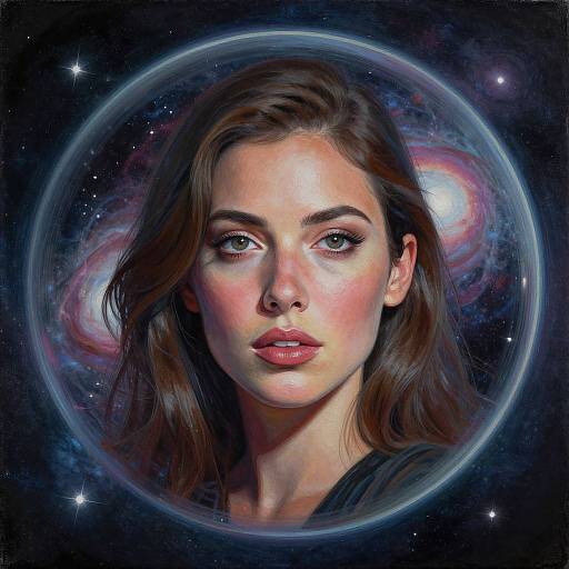 Digital painting of a fair-skinned woman with green eyes and pink lips, framed by a glowing circle against a cosmic background.